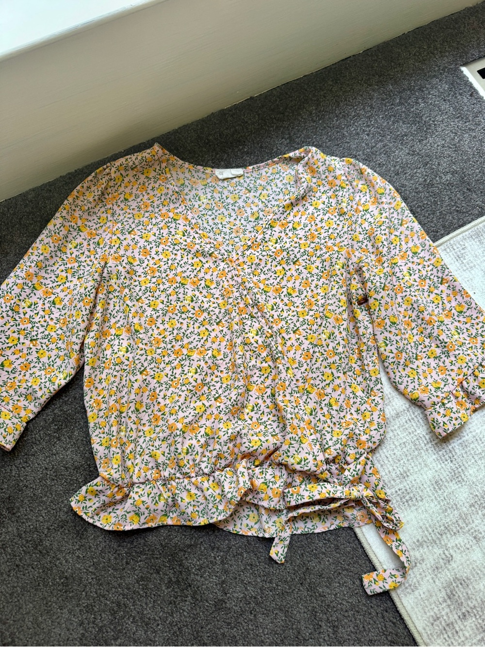 Sienna Sky Pink Yellow Green Floral Round 3/4 Sleeve Blouse S